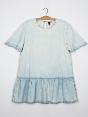 HM Light Wash Distressed Denim Boxy Dress Babydoll Drop Waist Ruffle Tunic Small